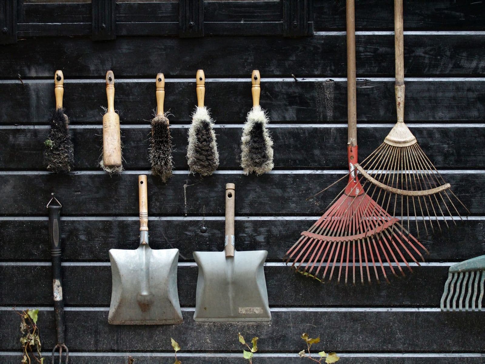 Garden tools hanging on a wall, a tidy setup for how to clean a leaf blower and store it